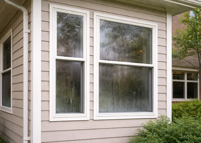 Foggy double pane windows with condensation buildup showing possible seal failure