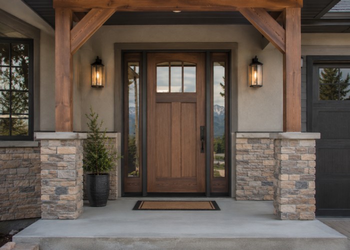 Wood-look front door with glass inserts and stone porch columns